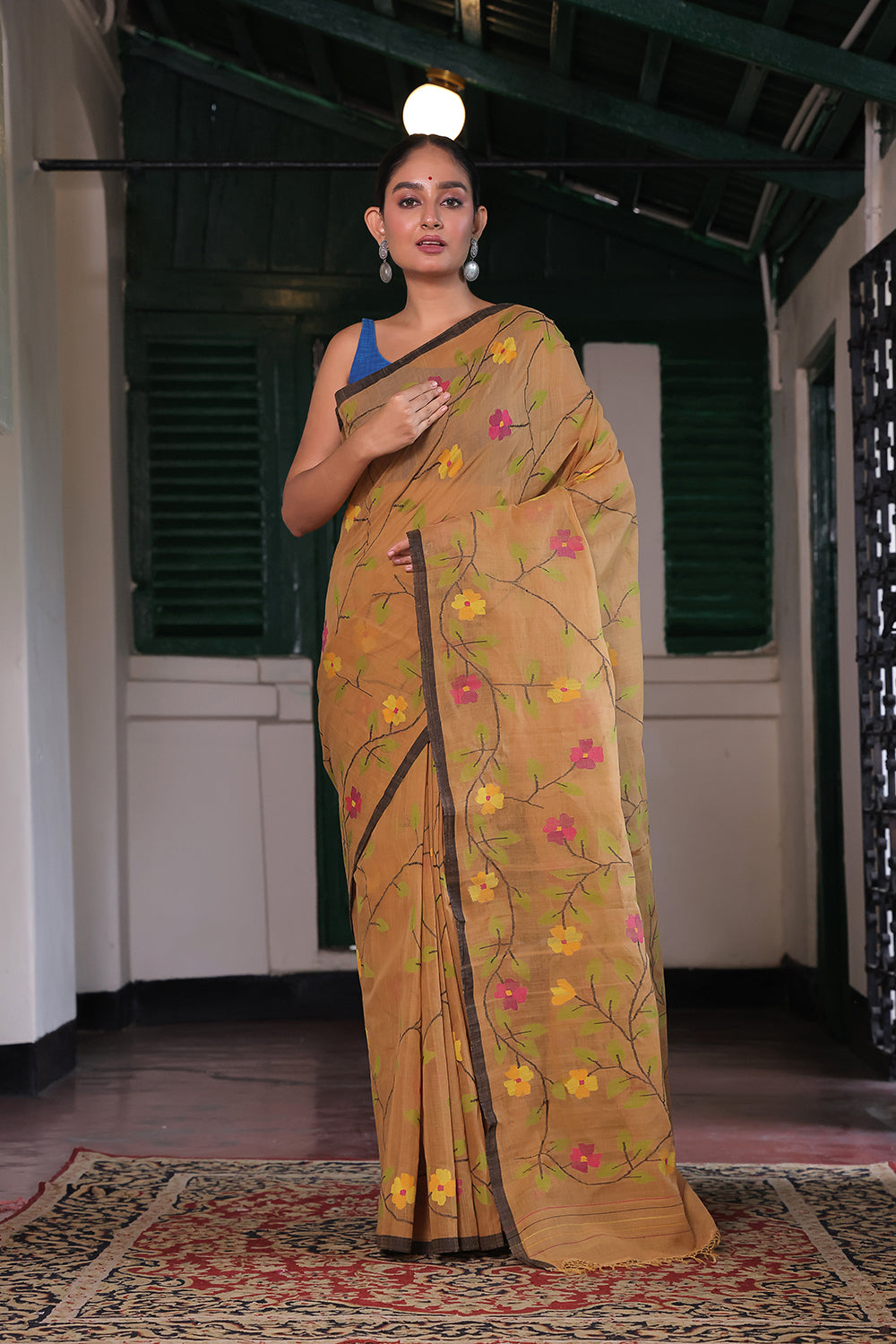 Handloom Gold Yellow Pure Cotton Jamdani with Floral Motifs