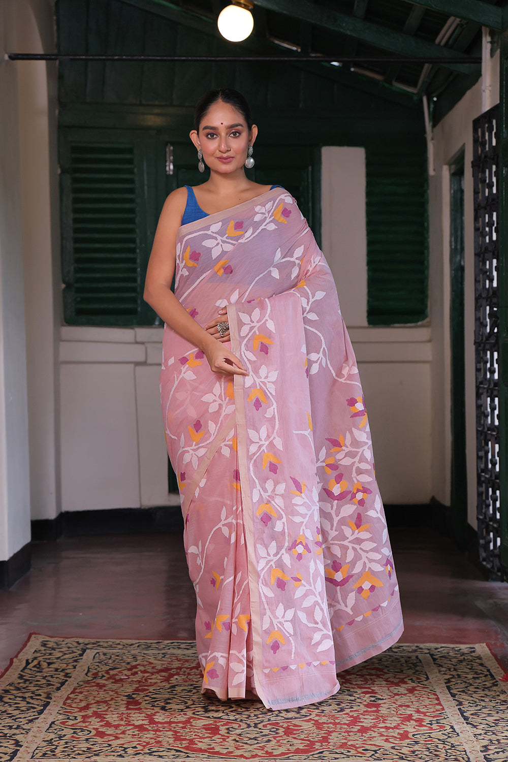 Handloom Baby Pink Pure Cotton Jamdani with Floral Motifs