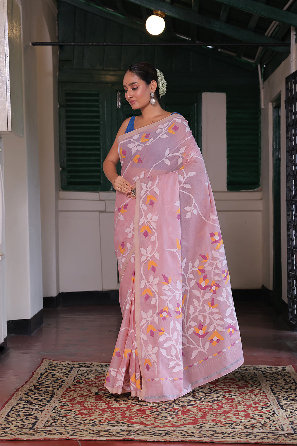 Handloom Baby Pink Pure Cotton Jamdani with Floral Motifs