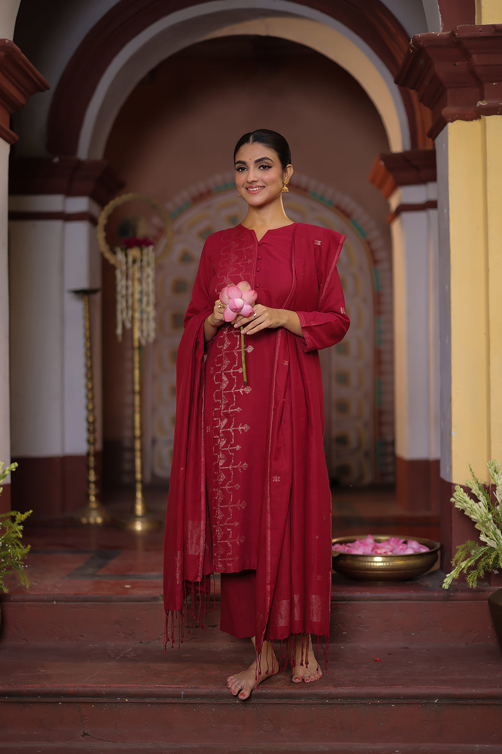 Maroon Red Zari Jamdani Handwoven Pure Cotton Kurta Set