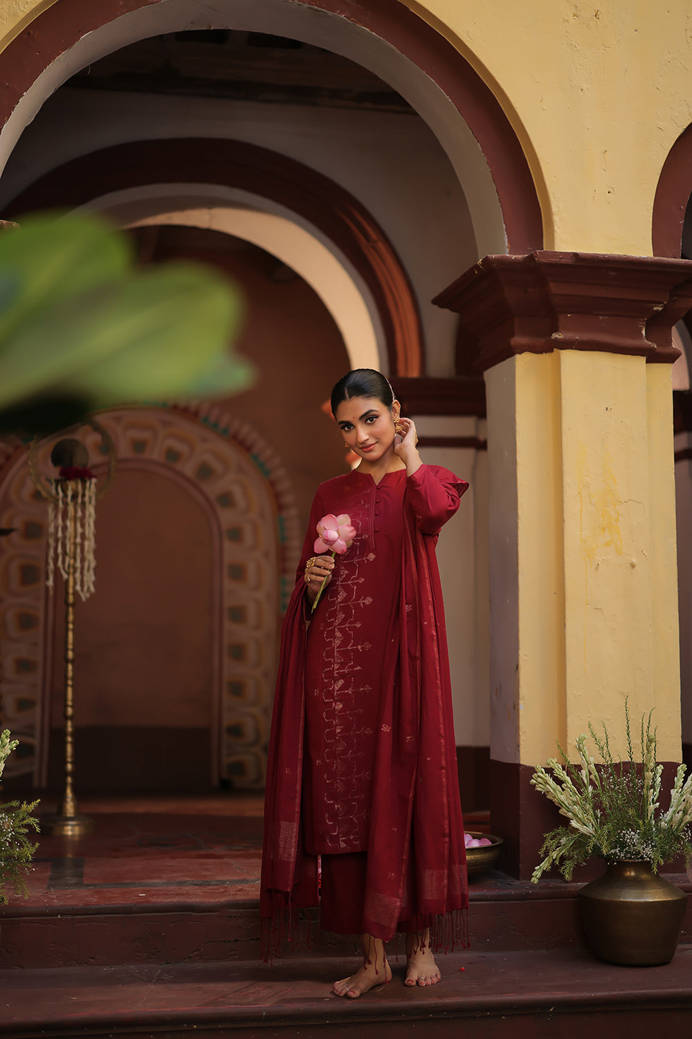 Maroon Red Zari Jamdani Handwoven Pure Cotton Kurta Set
