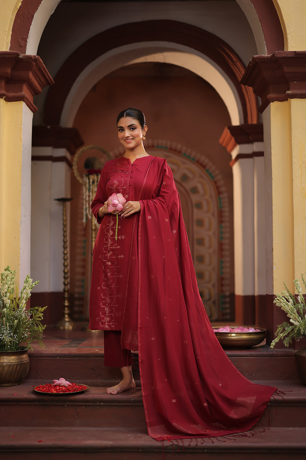 Maroon Red Zari Jamdani Handwoven Pure Cotton Kurta Set
