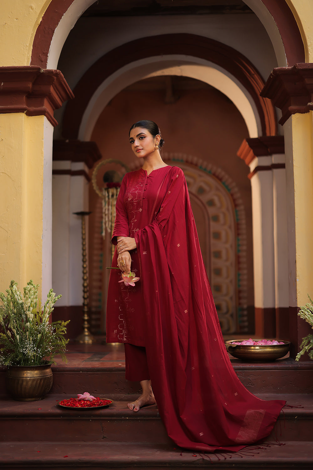 Maroon Red Zari Jamdani Handwoven Pure Cotton Kurta Set