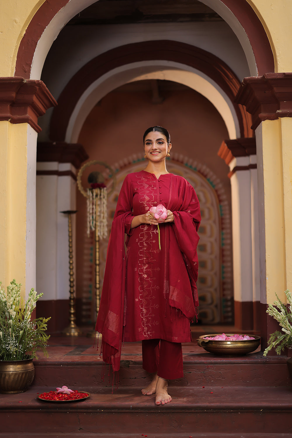 Maroon Red Zari Jamdani Handwoven Pure Cotton Kurta Set