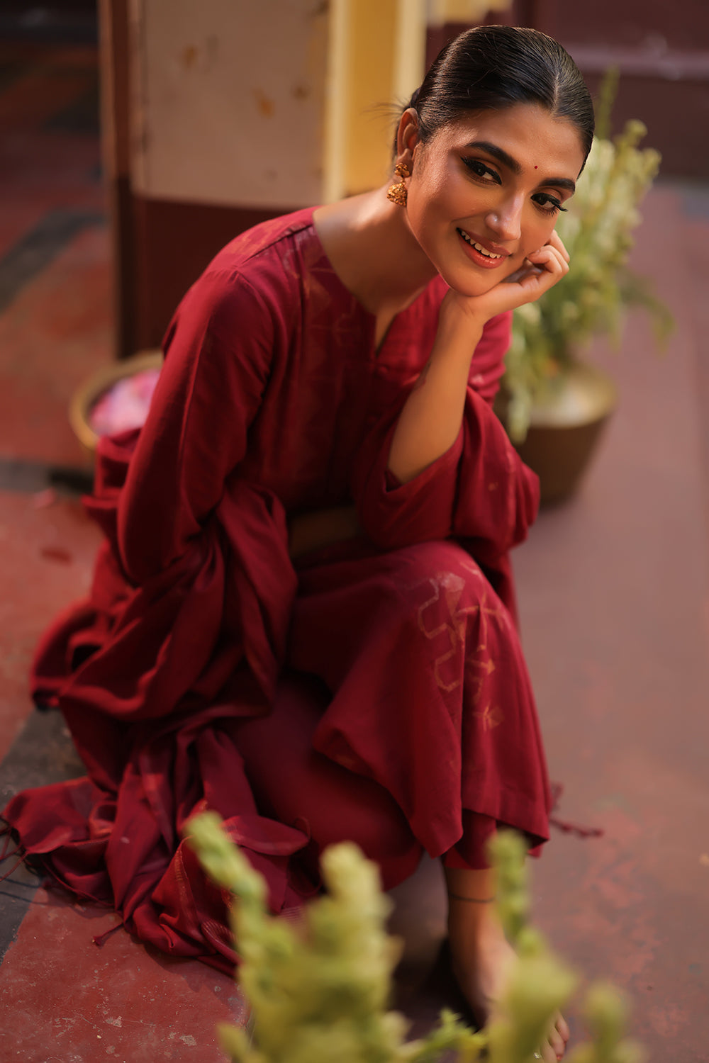 Maroon Red Zari Jamdani Handwoven Pure Cotton Kurta Set