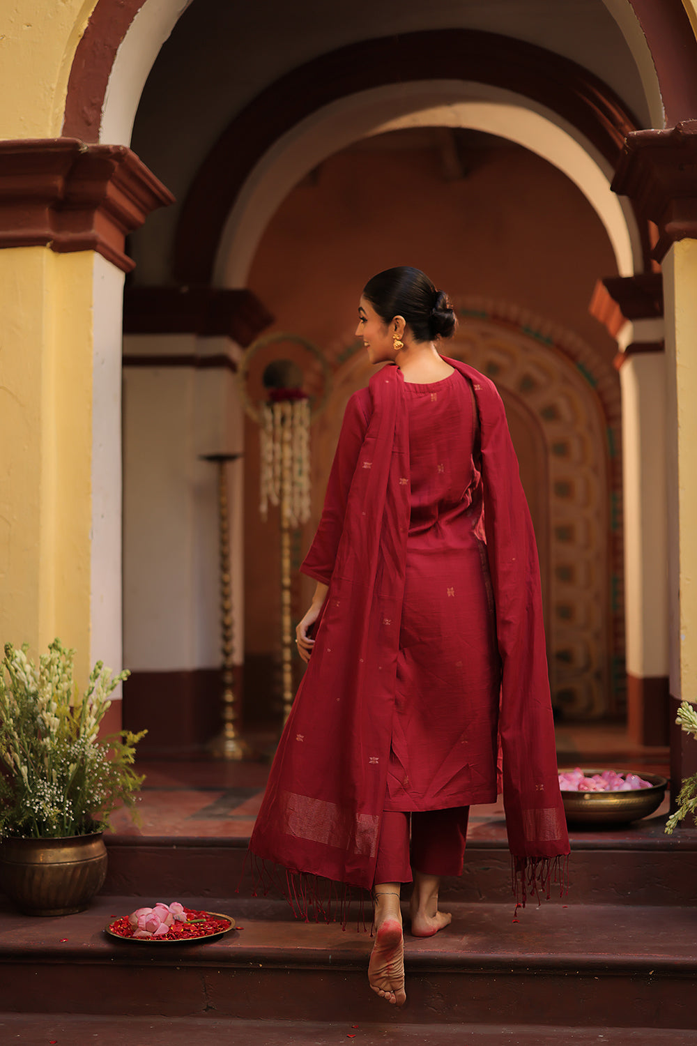 Maroon Red Zari Jamdani Handwoven Pure Cotton Kurta Set