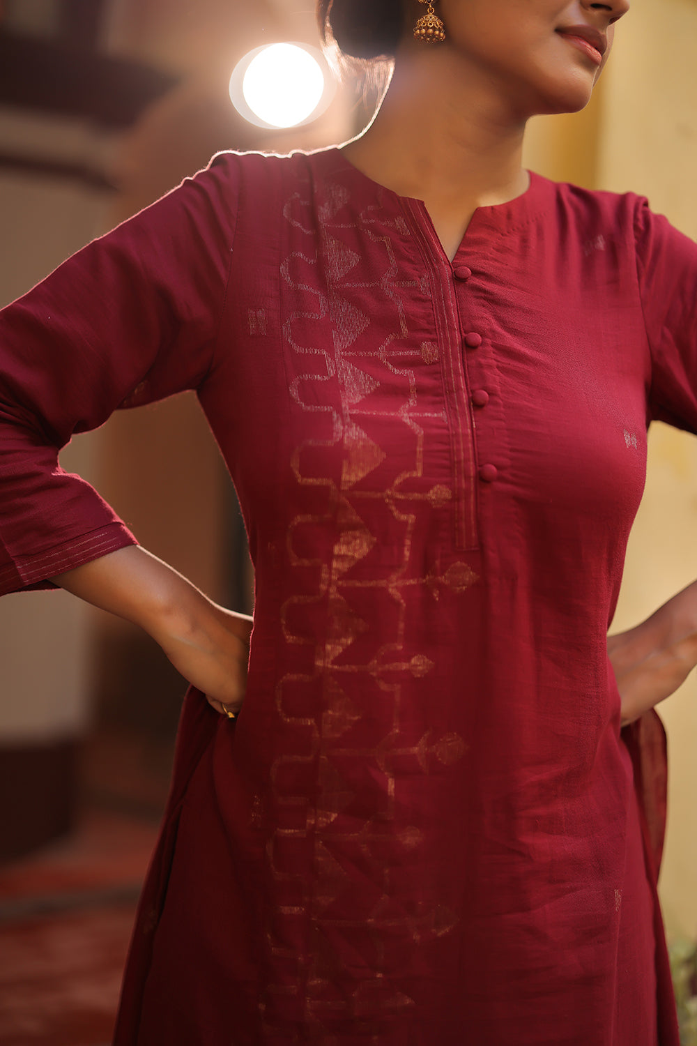 Maroon Red Zari Jamdani Handwoven Pure Cotton Kurta Set