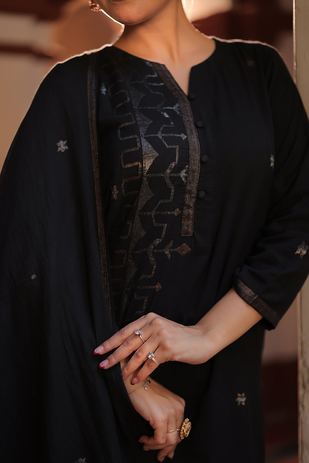 Black Zari Jamdani Handwoven Pure Cotton Kurta Set with Dupatta