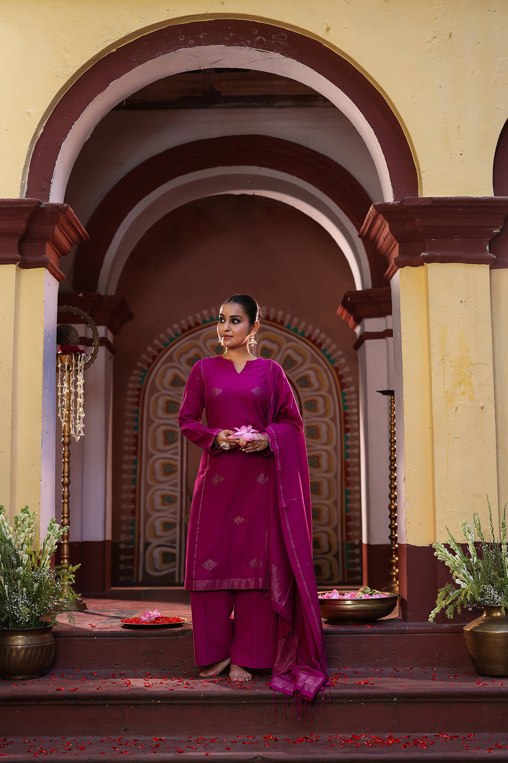 Magenta Pink Zari Jamdani Handwoven Cotton Kurta Set