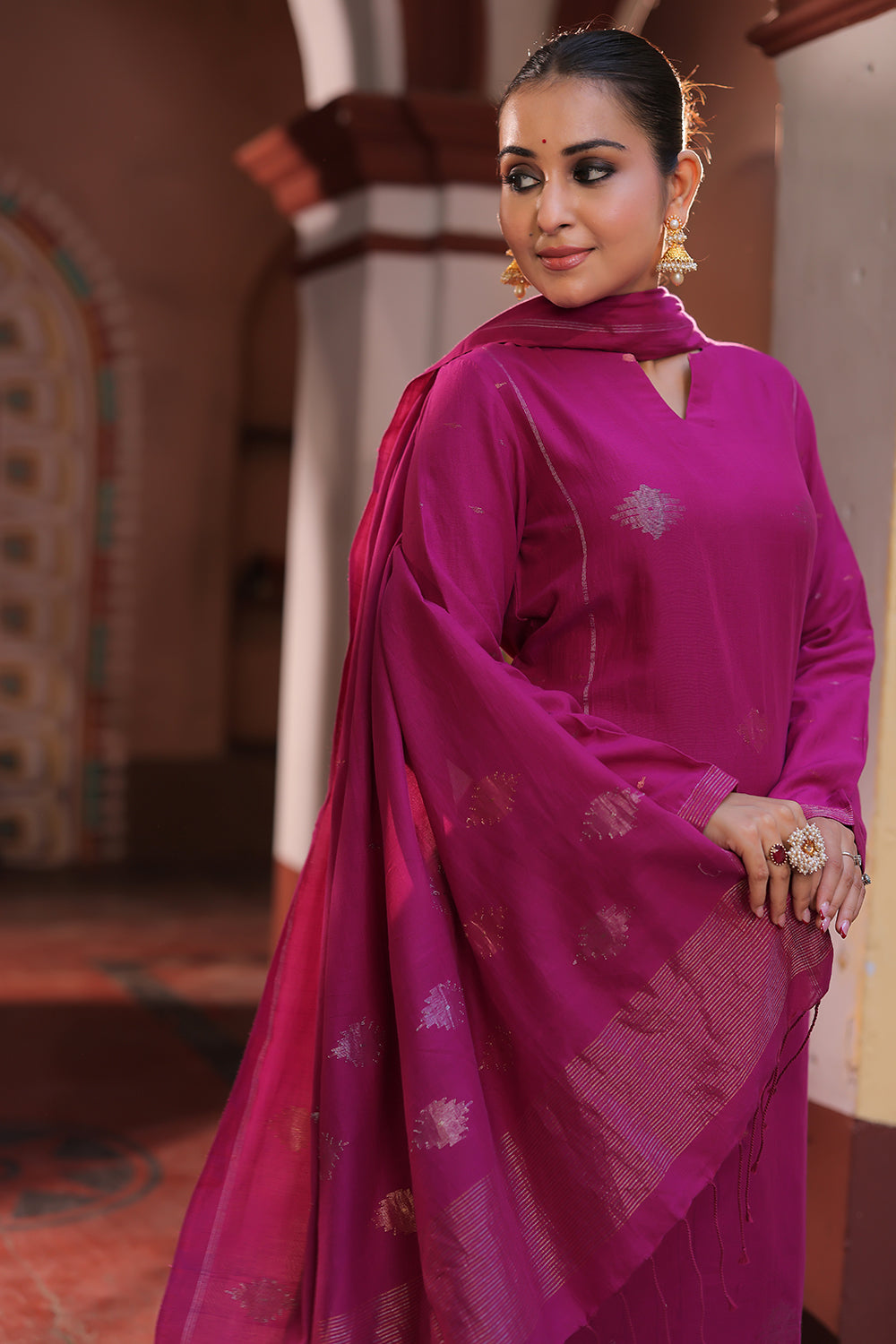 Magenta Pink Zari Jamdani Handwoven Cotton Kurta Set