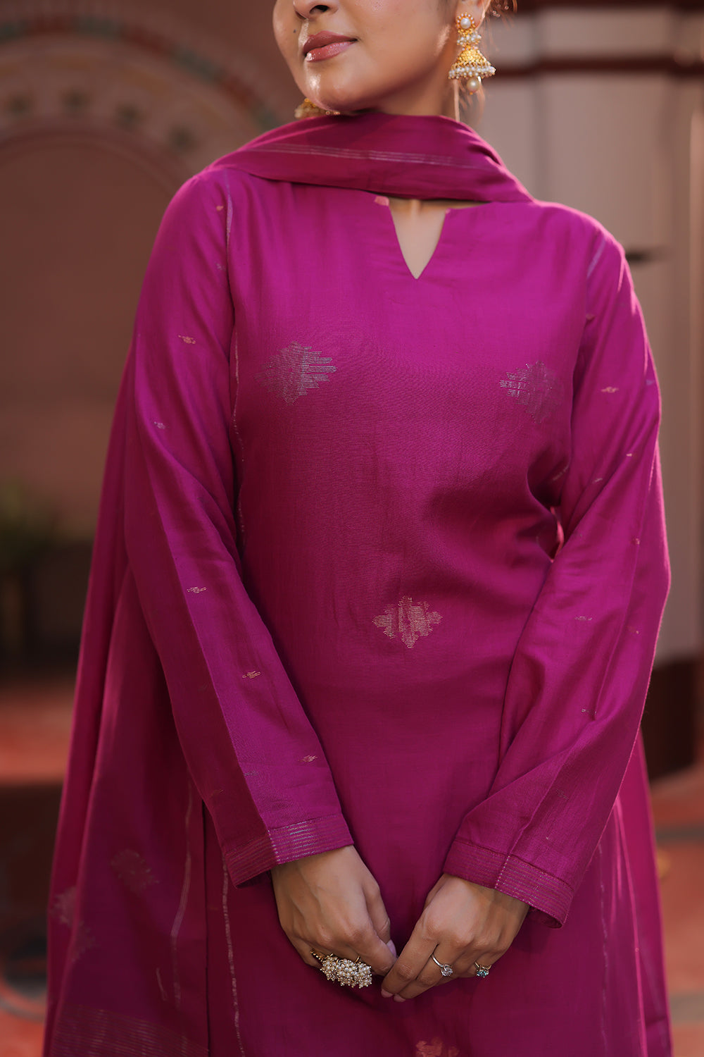Magenta Pink Zari Jamdani Handwoven Cotton Kurta Set