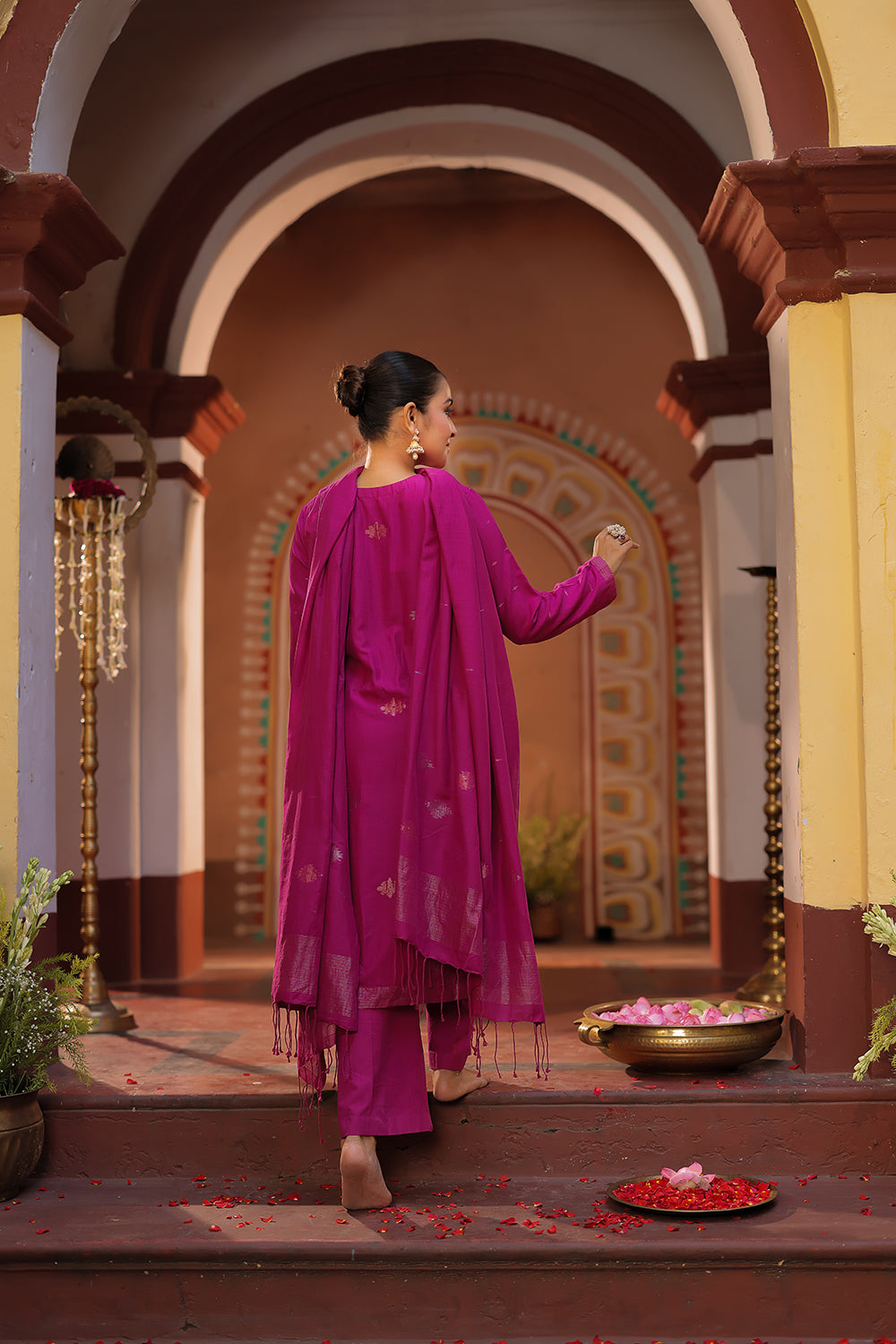 Magenta Pink Zari Jamdani Handwoven Cotton Kurta Set