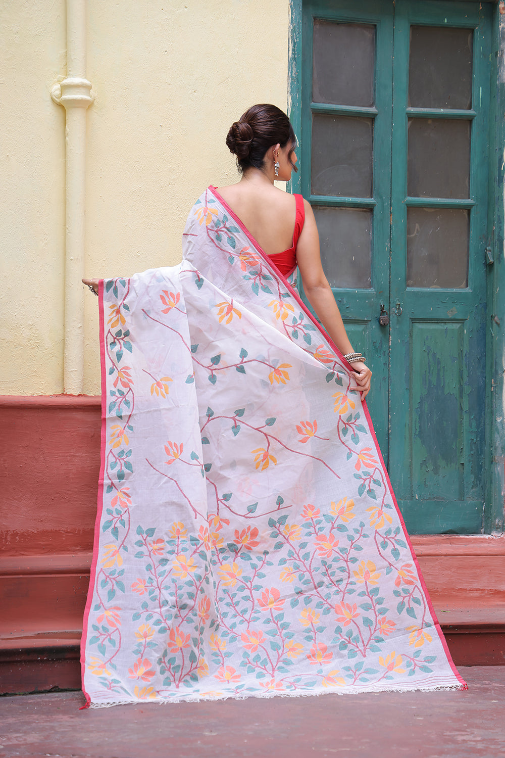 Handloom White and Red Pure Cotton Exclusive Jamdani Saree with Red Border