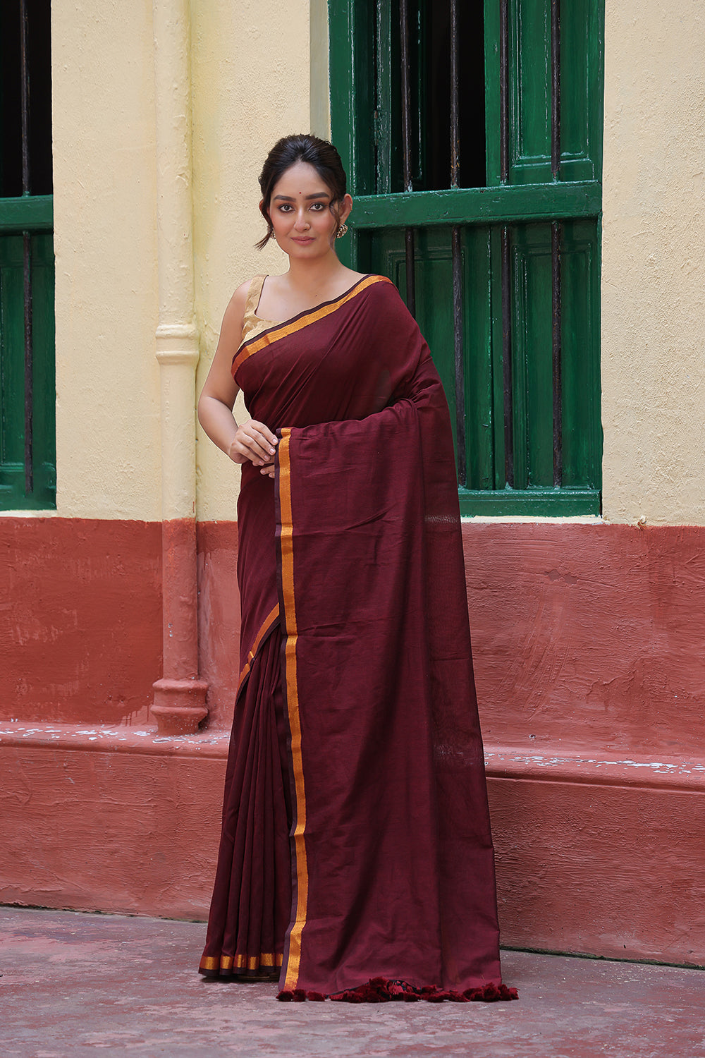 Handloom Wine Pure Cotton Saree with Gold Zari Border