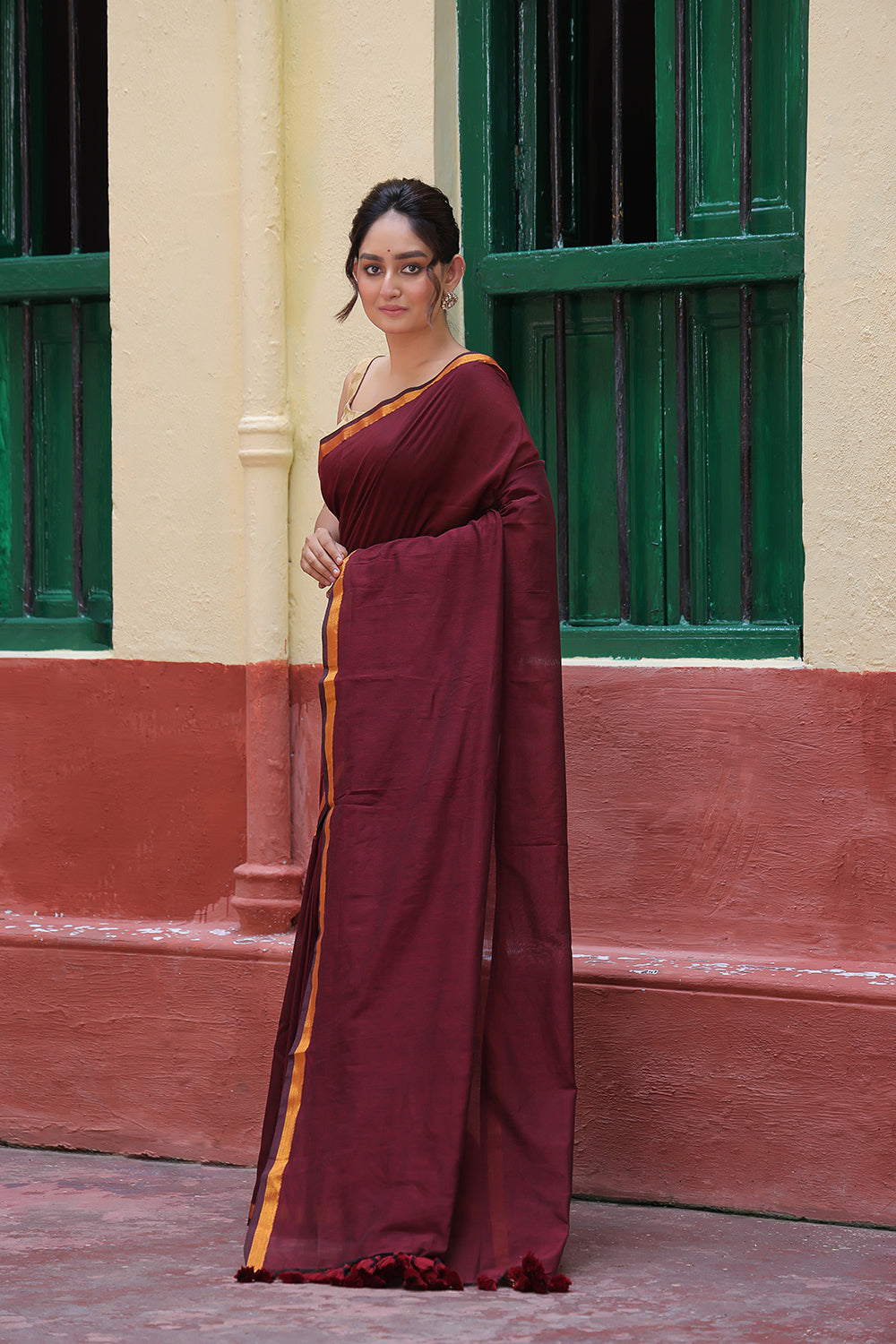 Handloom Wine Pure Cotton Saree with Gold Zari Border