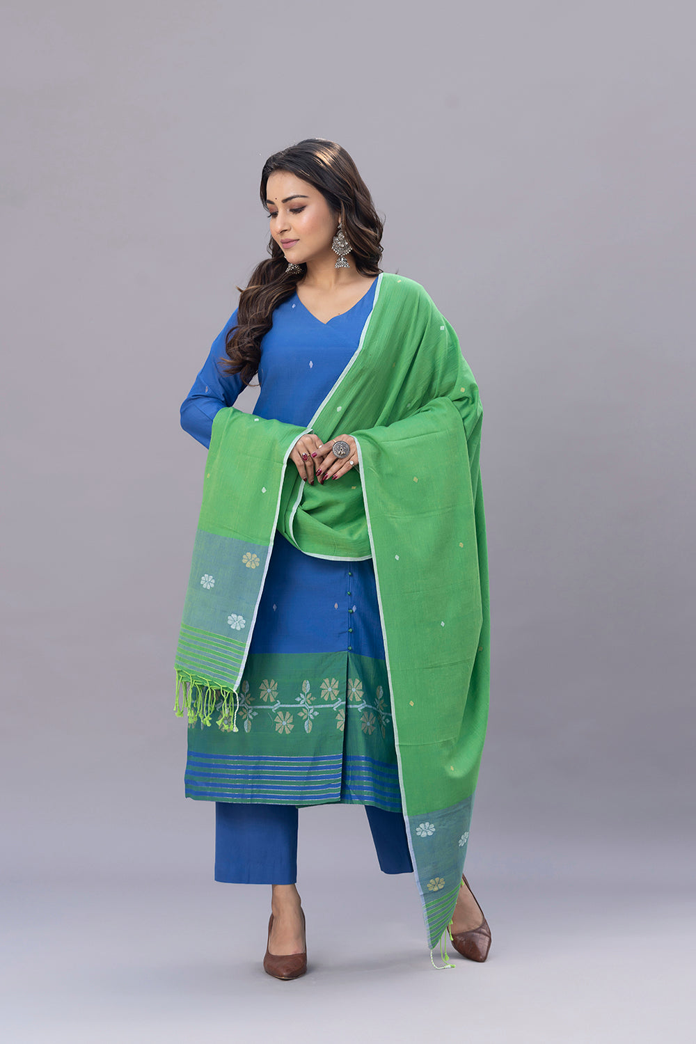 Blue and Green Jamdani Kurta Set With Dupatta