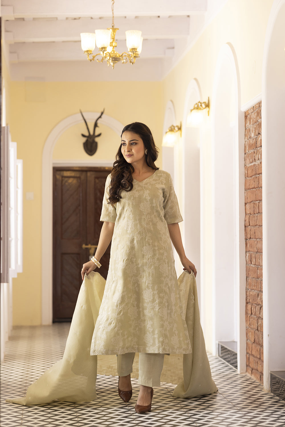 Pastel Green Linen Embriodered Suit Set With Dupatta