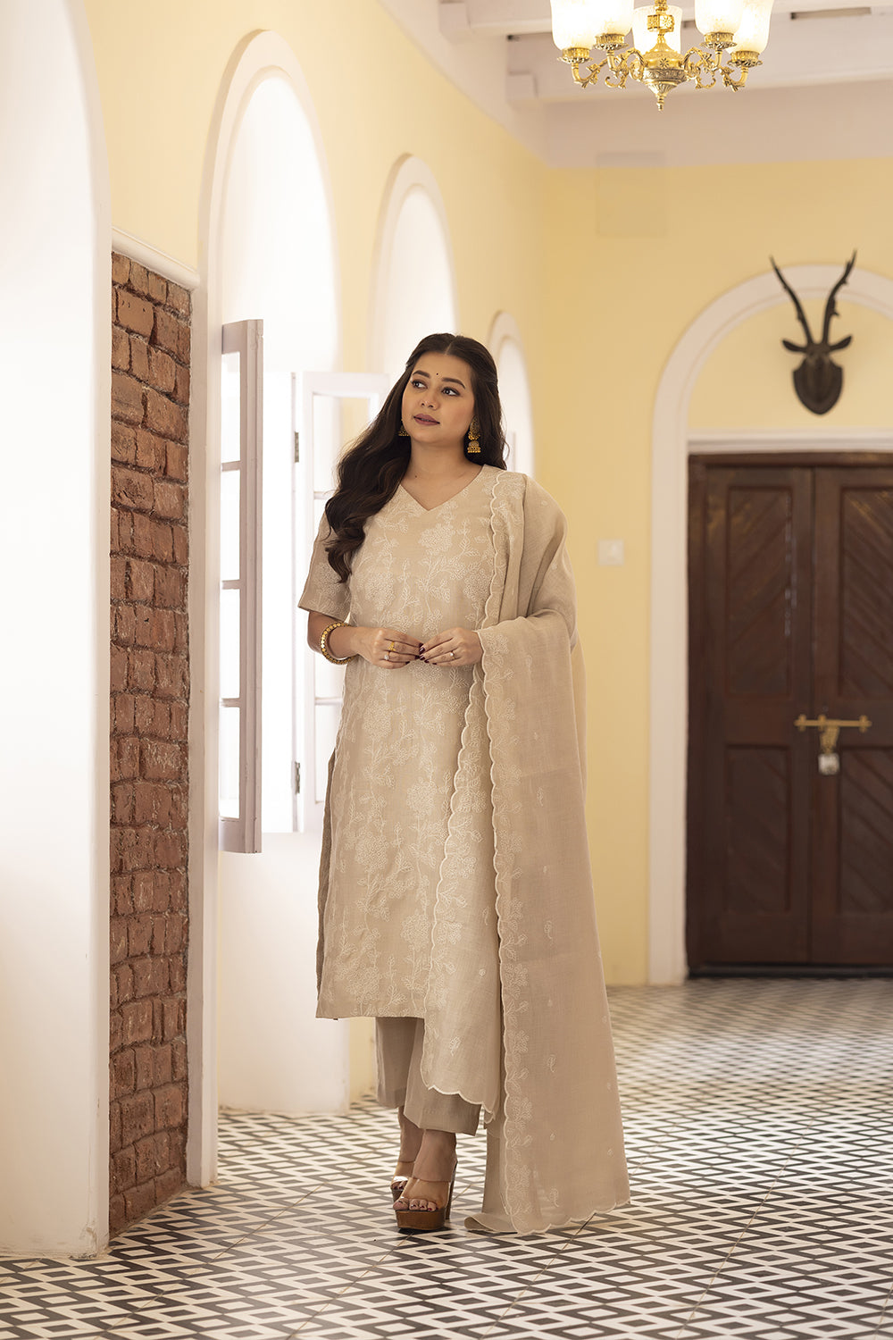 Beige Linen Embriodered Suit Set With Dupatta