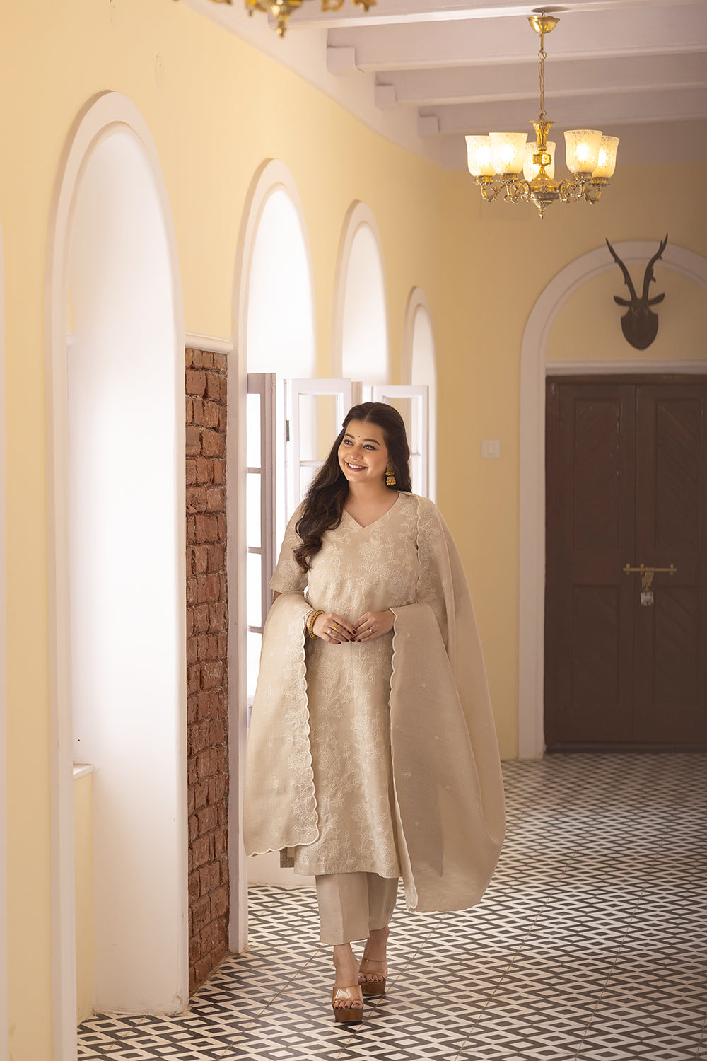 Beige Linen Emnbriodered Kurta Set With Dupatta
