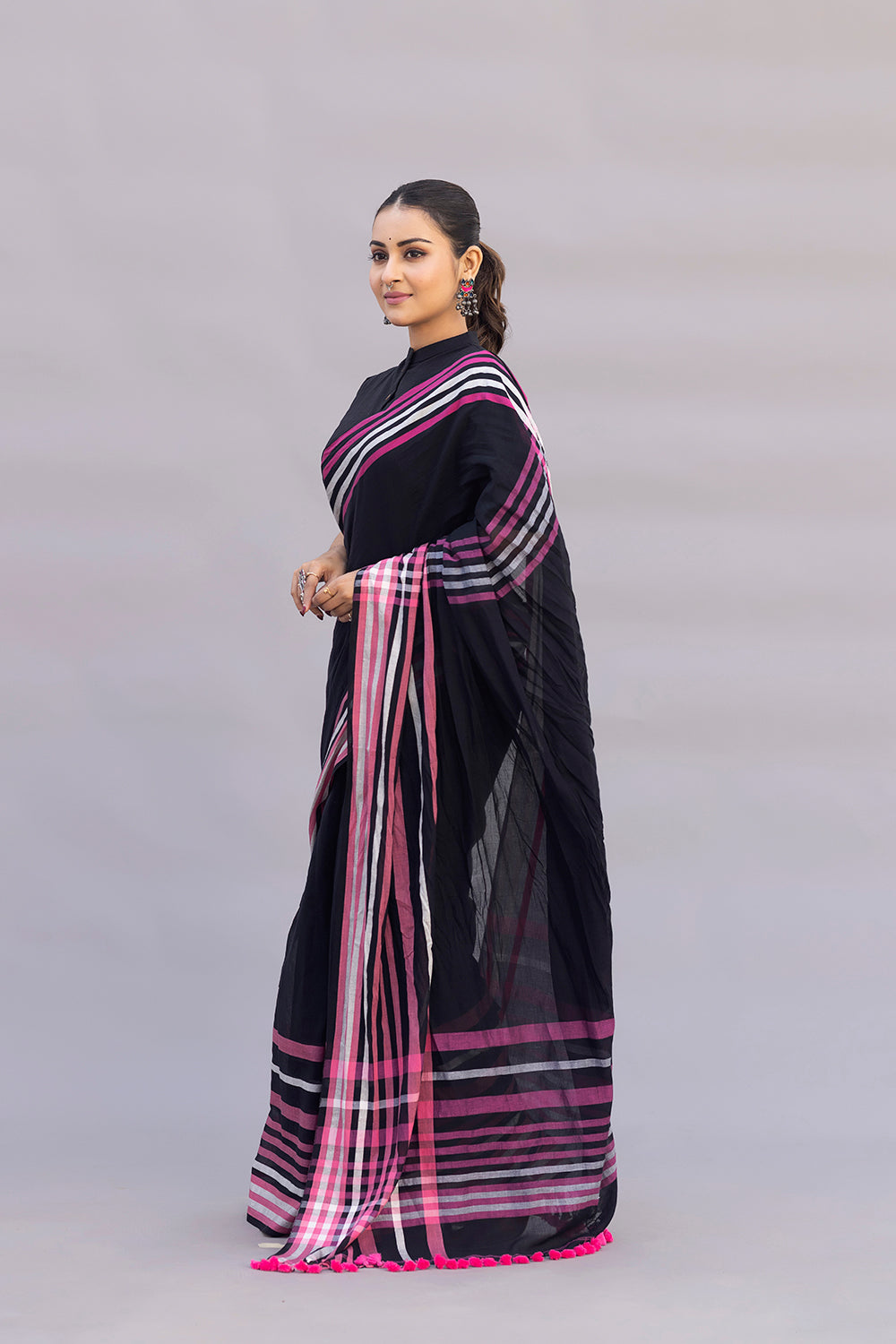 Handloom Black Pure Cotton Saree with Pink Stripes Border