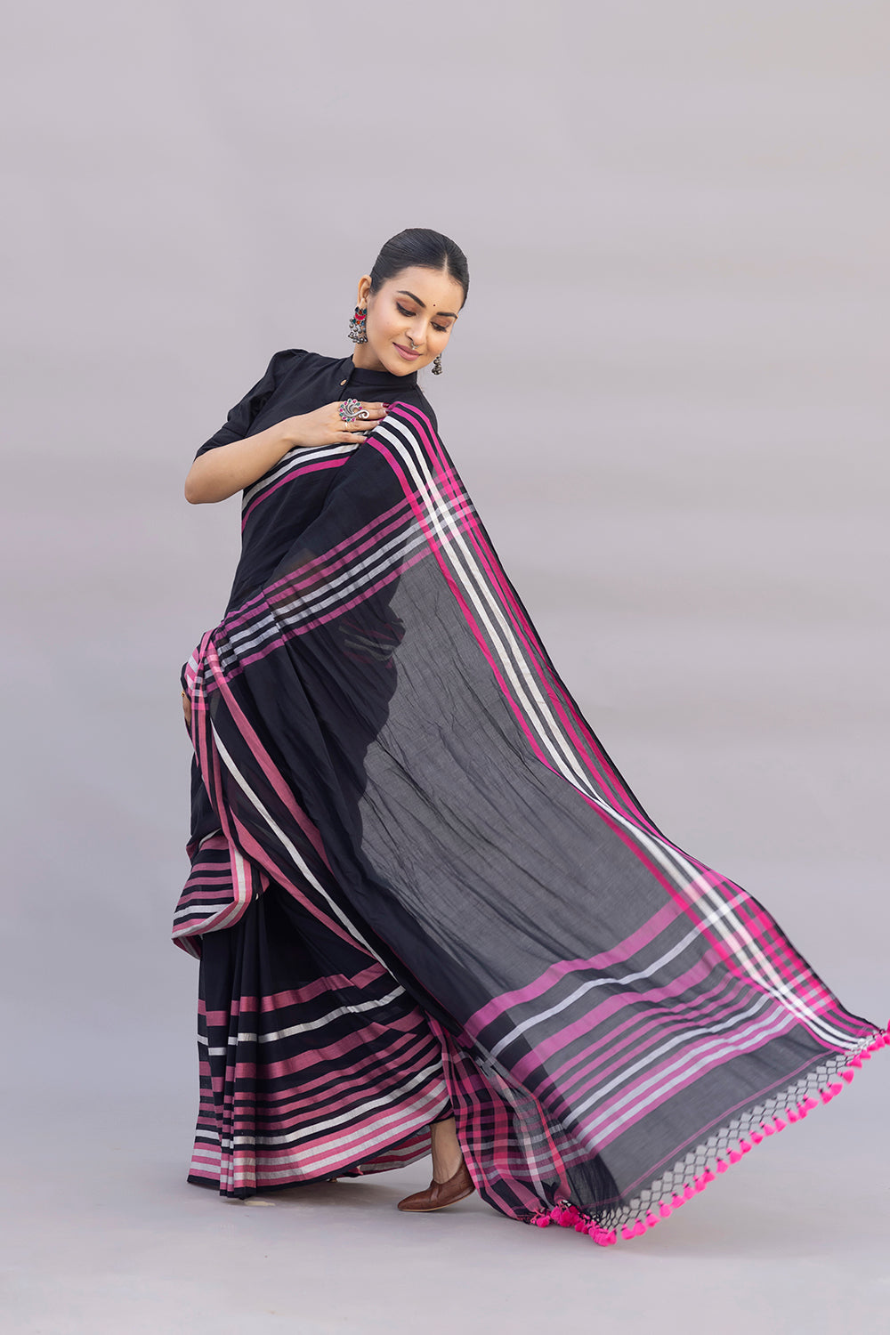 Handloom Black Pure Cotton Saree with Pink Stripes Border
