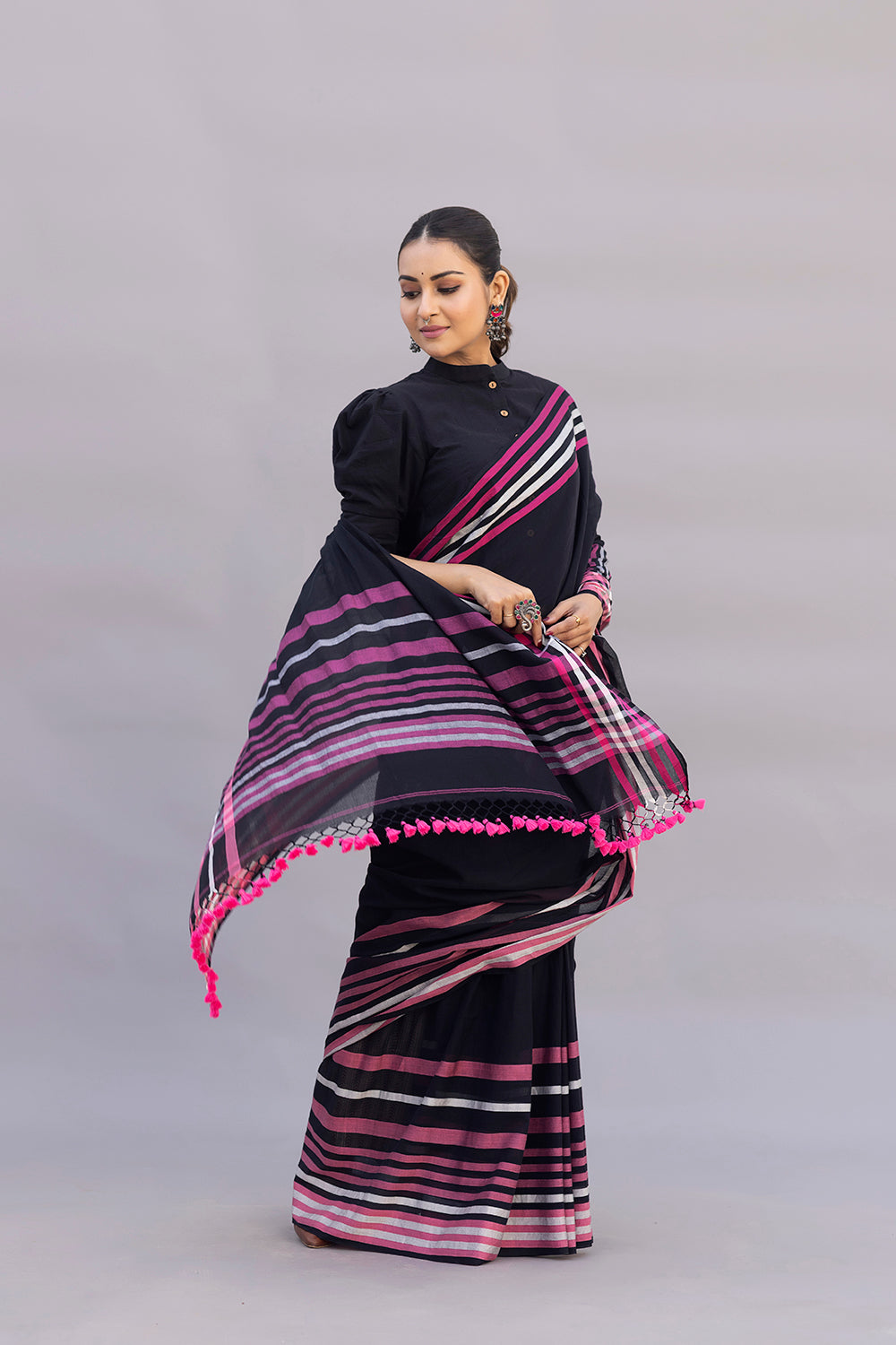 Handloom Black Pure Cotton Saree with Pink Stripes Border