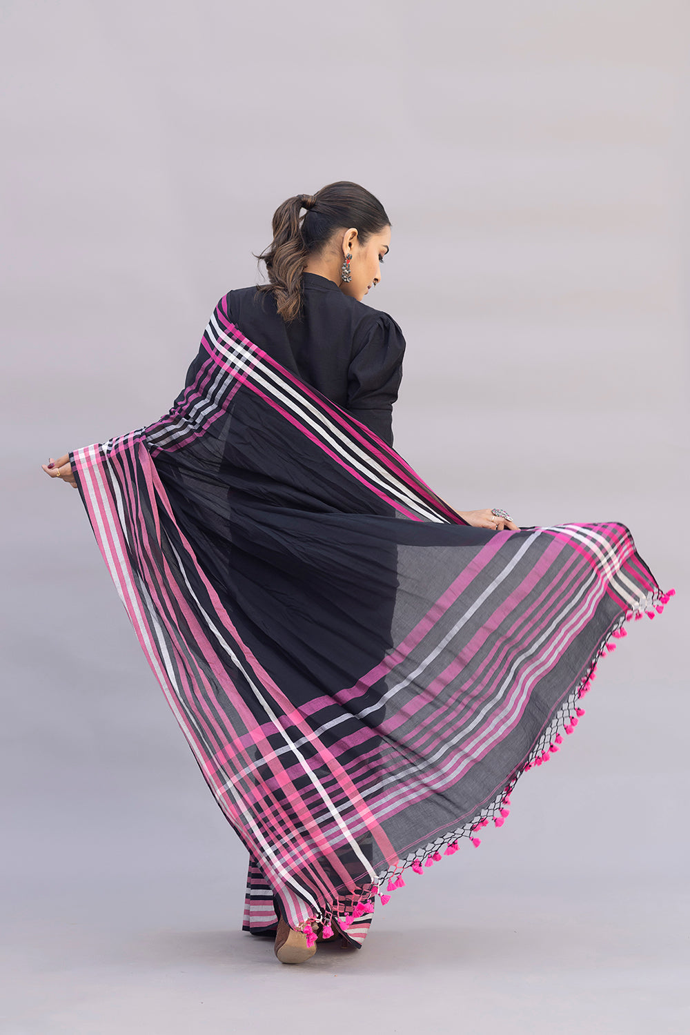 Handloom Black Pure Cotton Saree with Pink Stripes Border