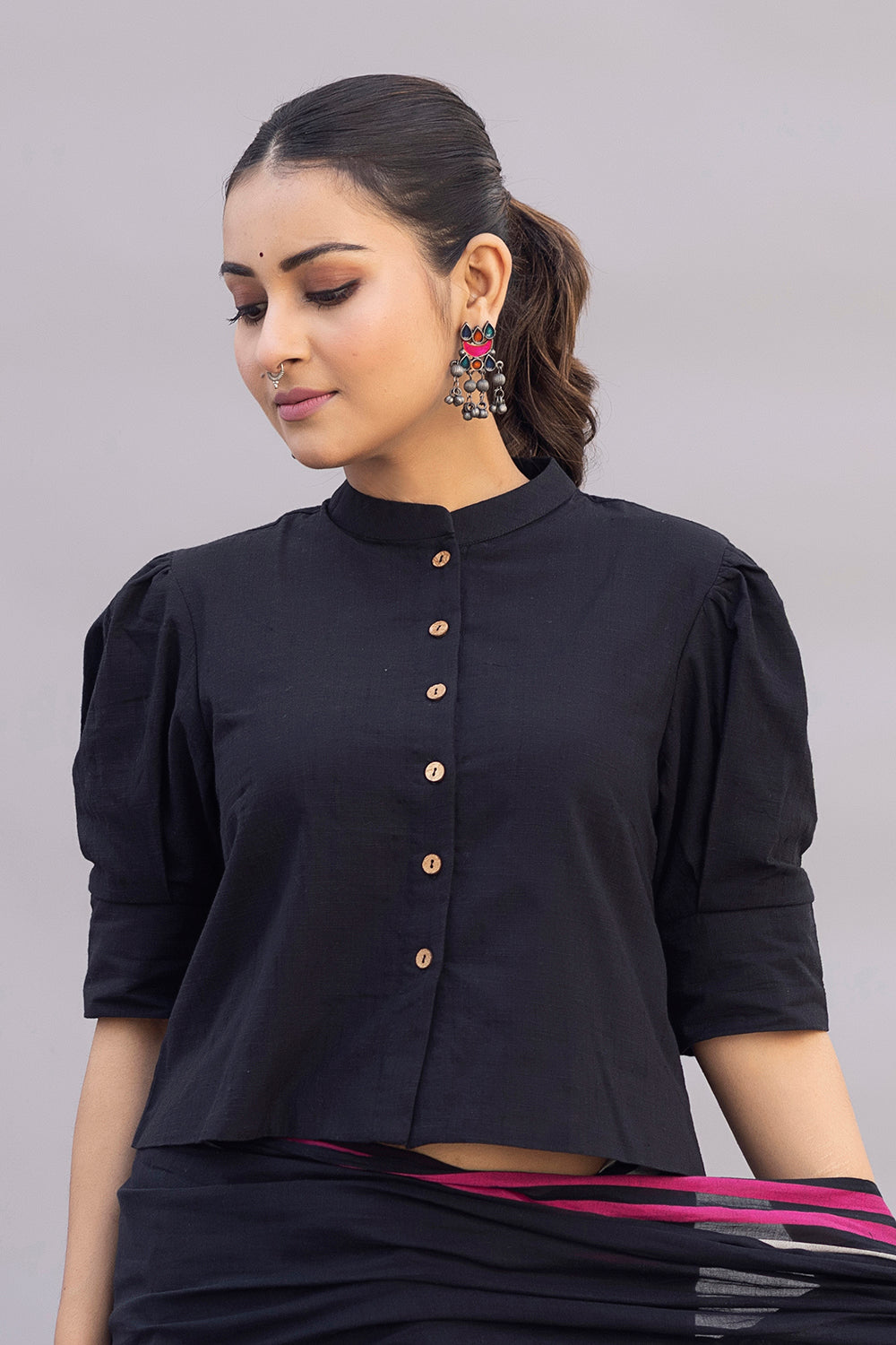 Komal Black Cotton Mandarin Collar Blouse