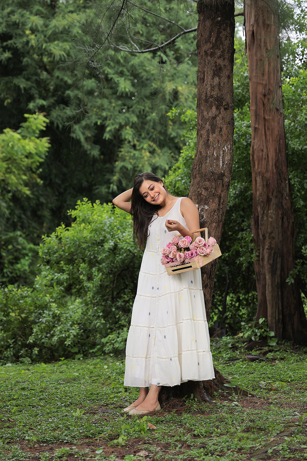 Off White Pearl Petals Jamdani Dress