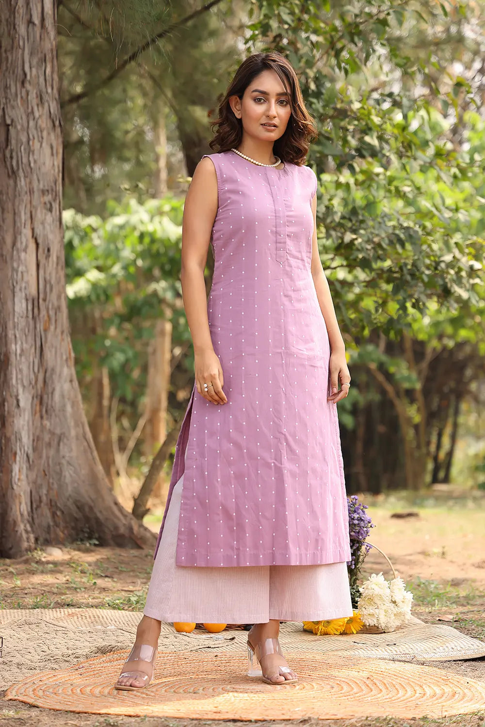 Lavender Pure Cotton White Polka Dots Kurta Set