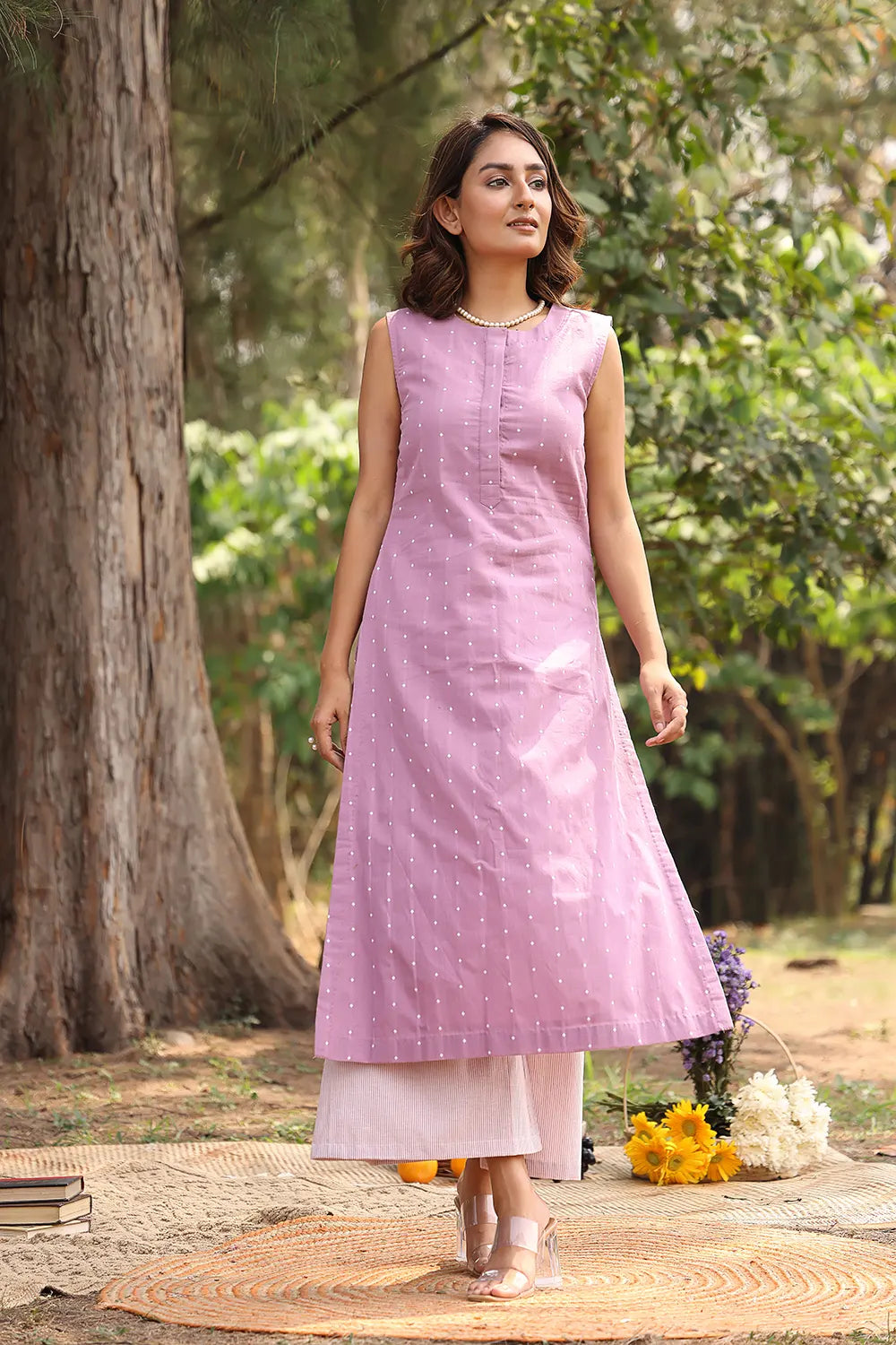 Lavender Pure Cotton White Polka Dots Kurta Set