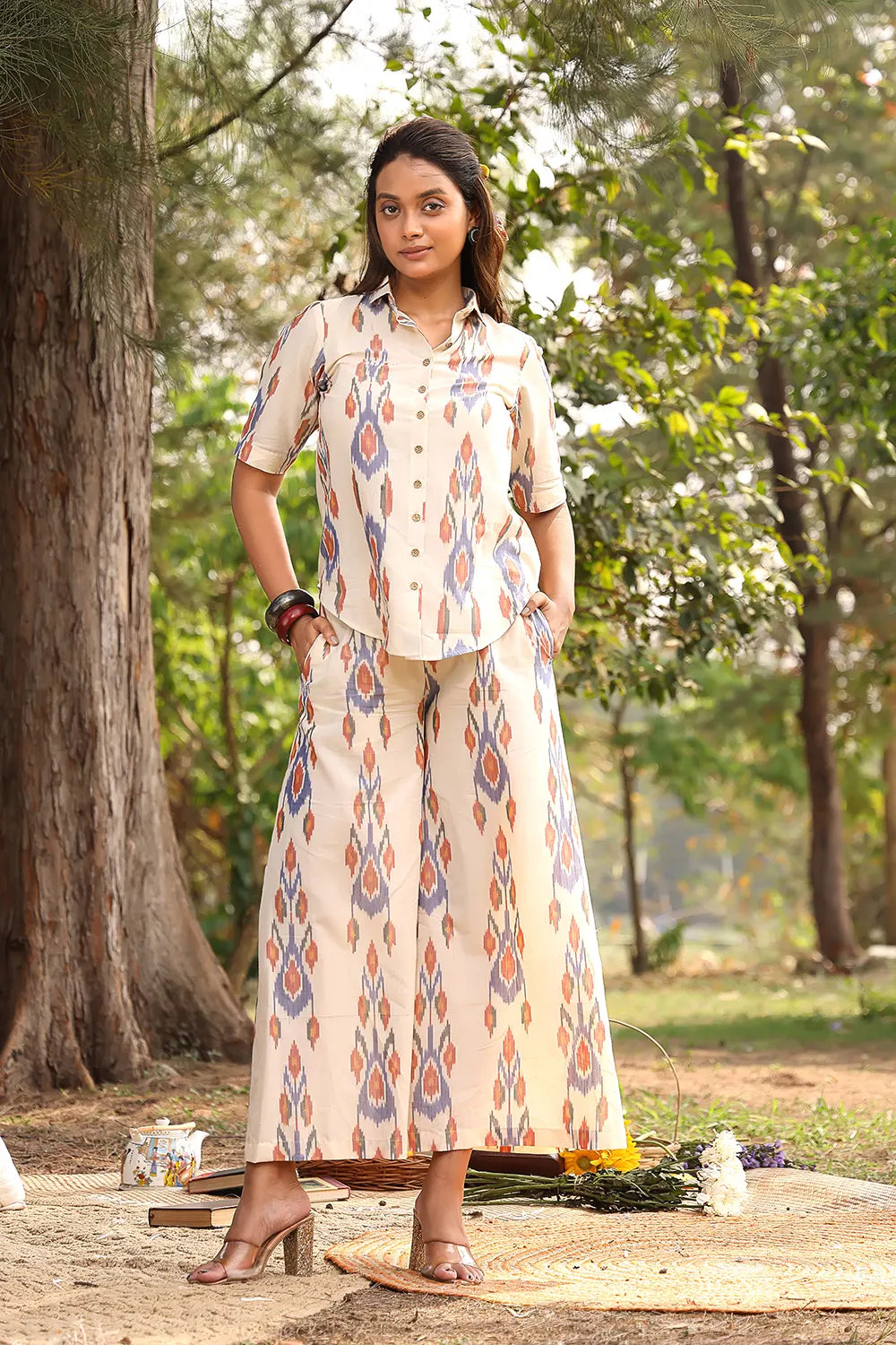 Cream Pure Cotton Ikat Co-ord Set