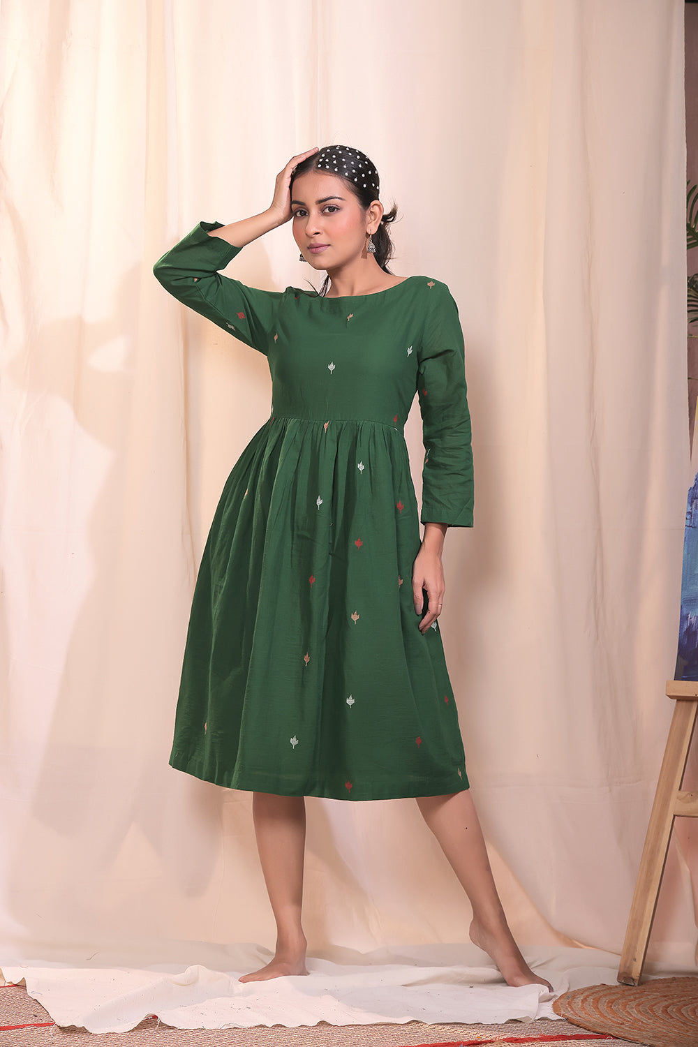 Forest Blossom Green  Jamdani Dress