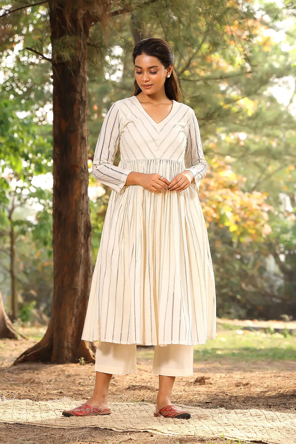 Cream Pure Cotton Stripes Kurta Set