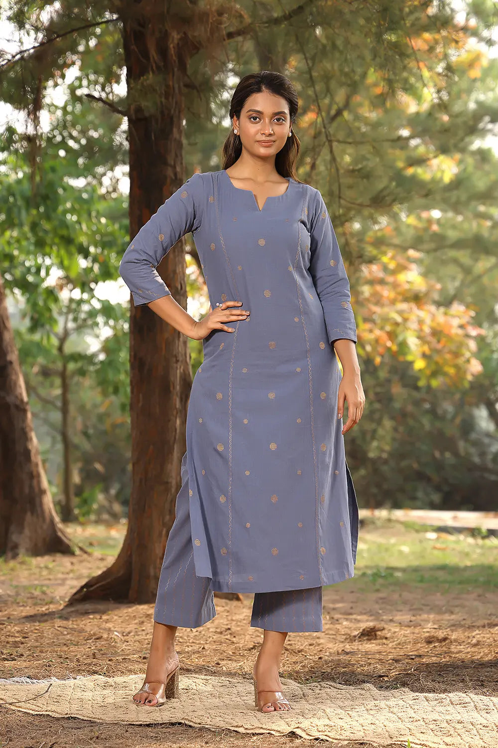 Grey Pure Cotton Gold Zari Polka Dots Kurta Set