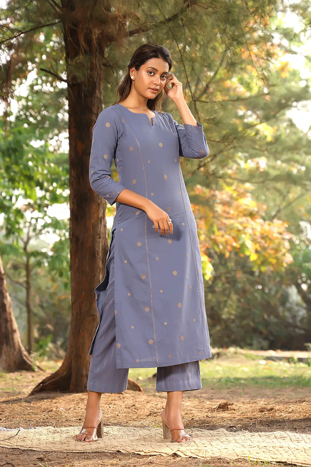 Grey Pure Cotton Gold Zari Polka Dots Kurta Set