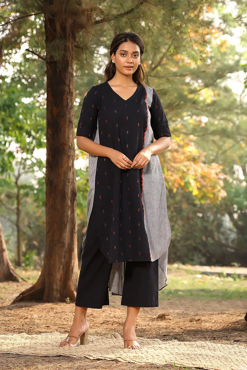 Black Grey Pure Cotton Kurta With Malai Black Pant Set