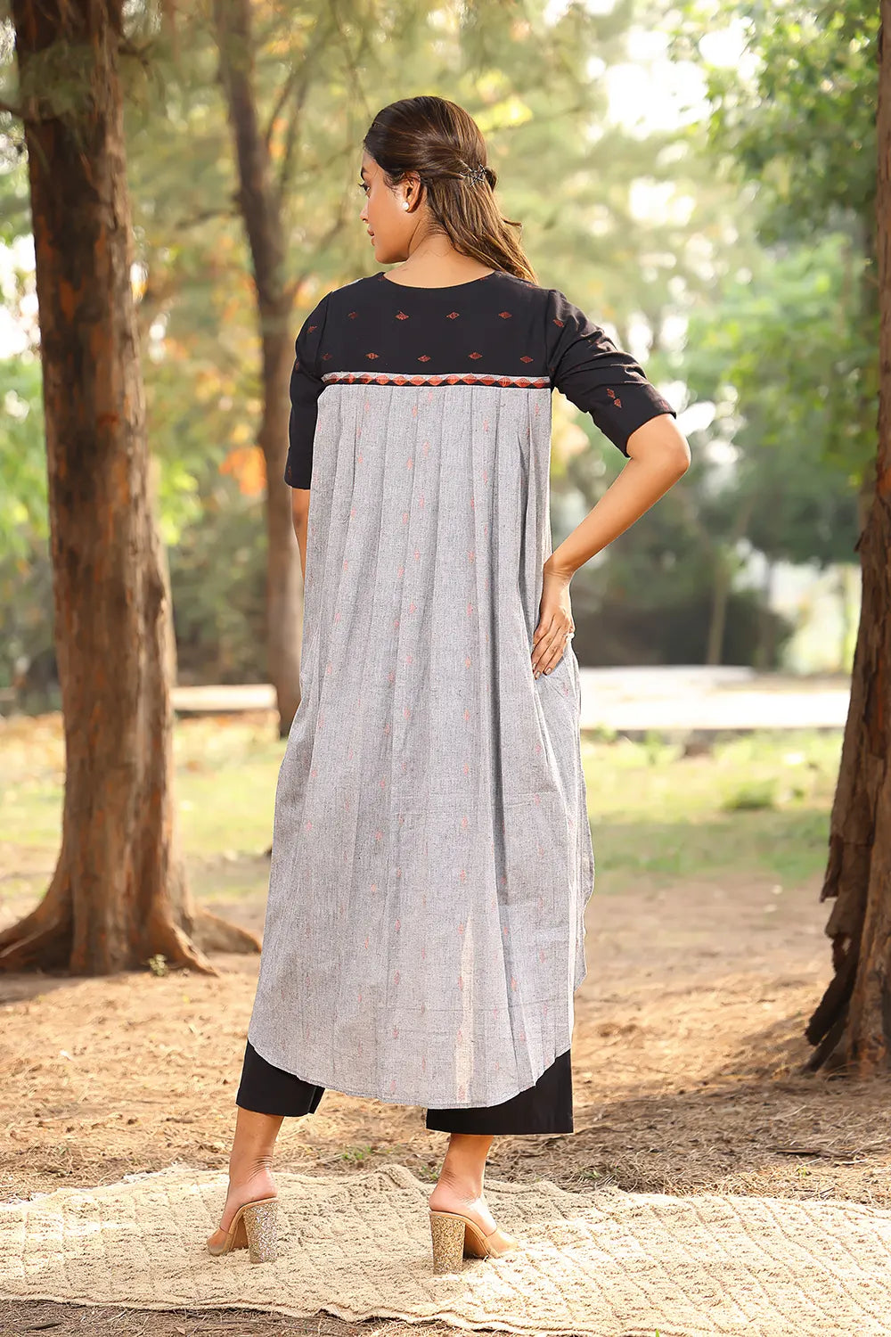 Black Grey Pure Cotton Kurta With Malai Black Pant Set