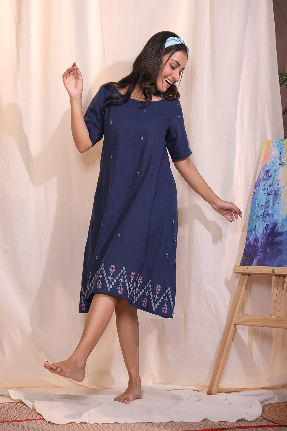 Navy Meadow Jamdani Dress