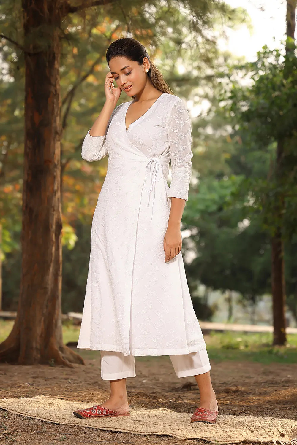 White Pure Cotton Angrakha With Dori Tie Up Kurta Pant Set