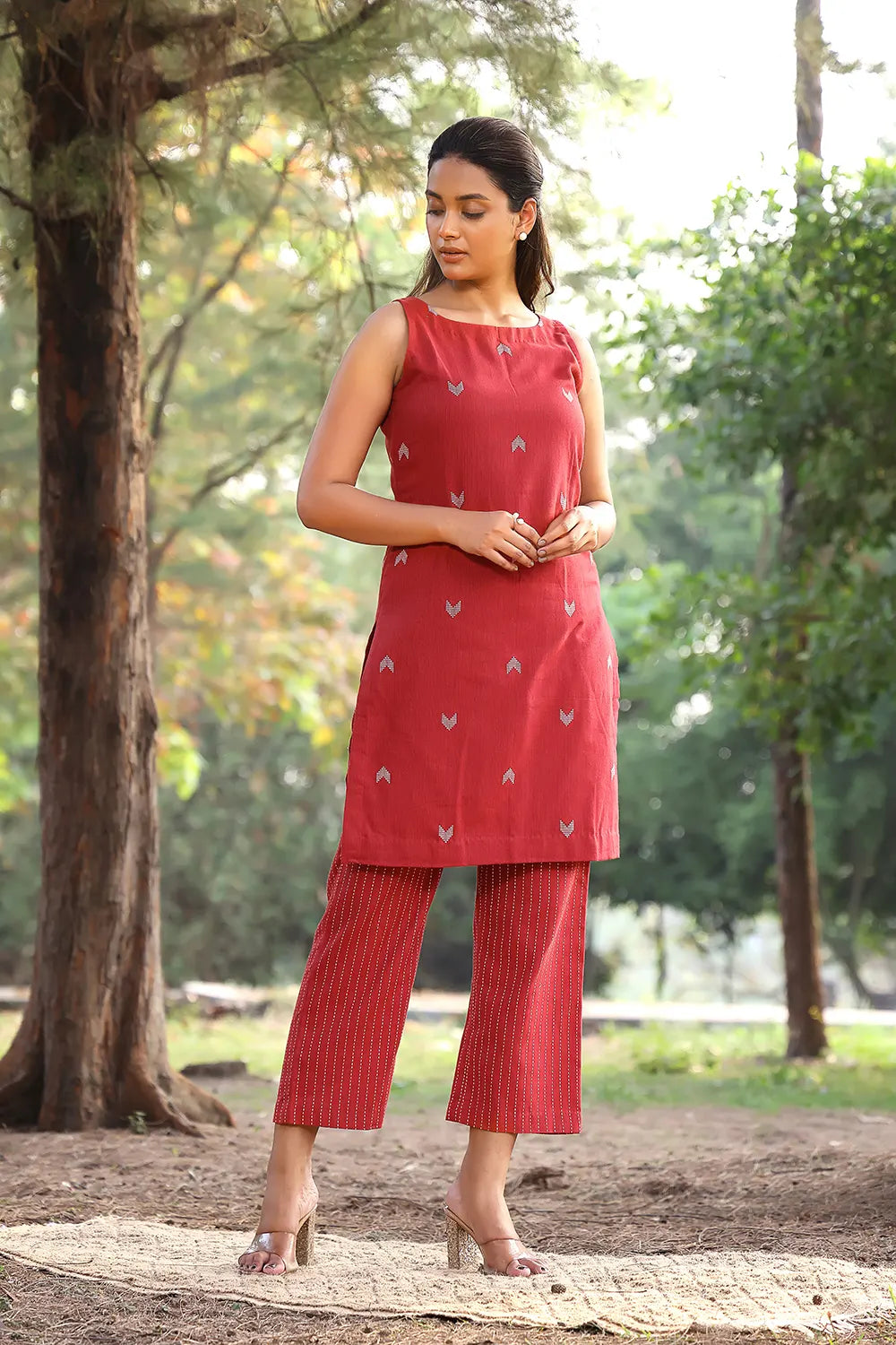 Brick Red Pure Cotton Kurta With Stripes Pant Co-ord Set