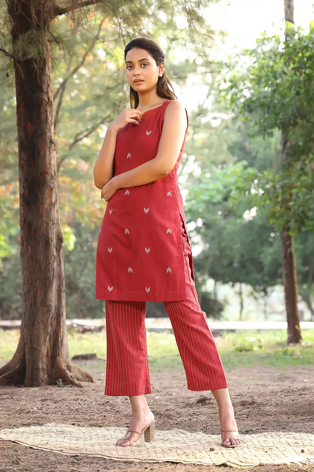 Brick Red Pure Cotton Woven Strip Pant