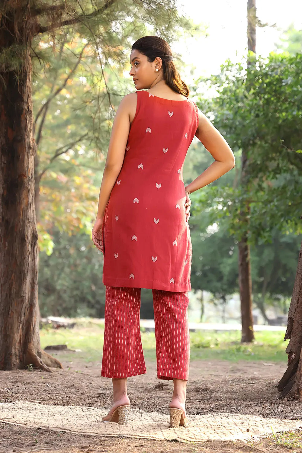 Brick Red Pure Cotton Woven Strip Pant