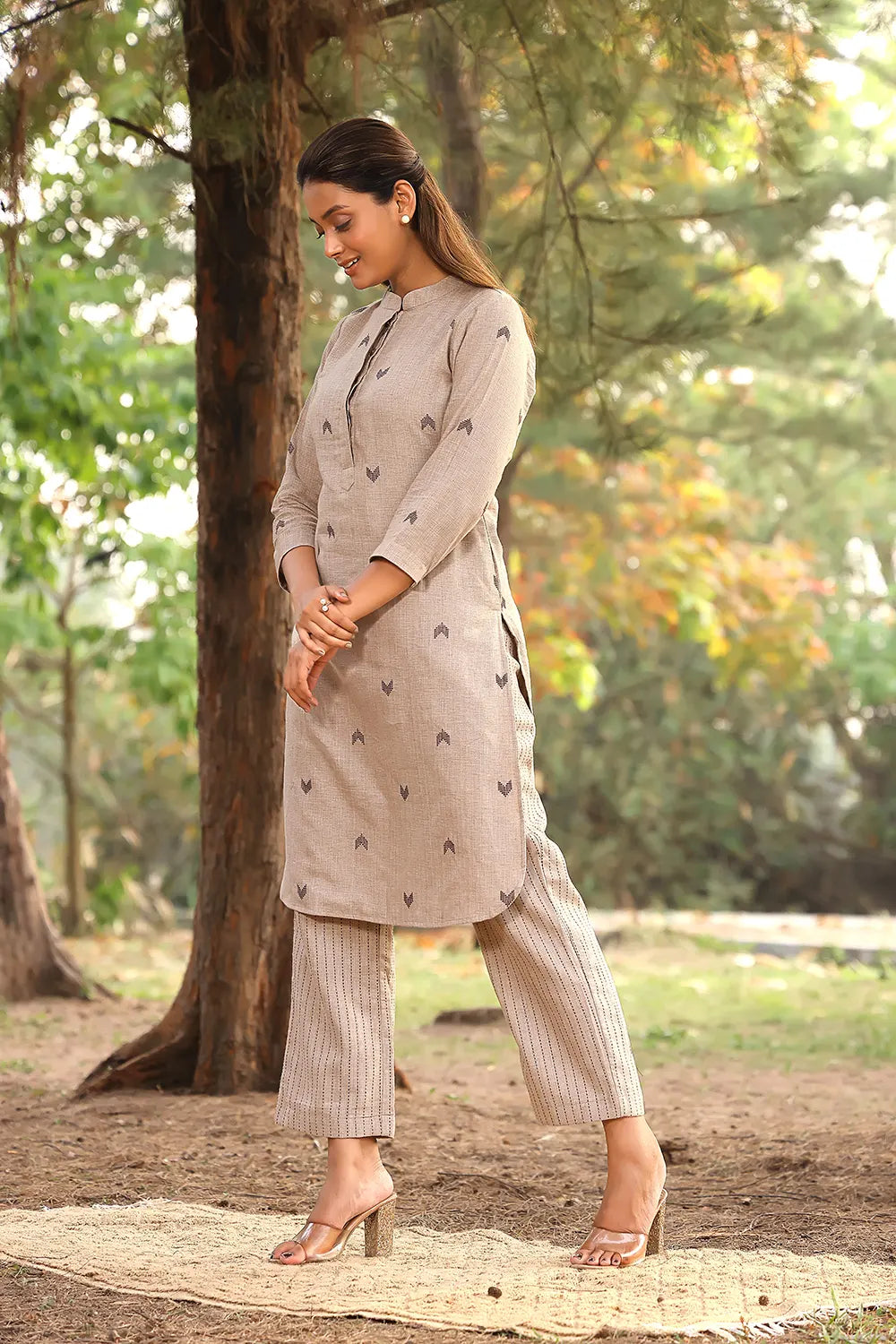 Beige Solid Rayon Straight Kurta and Trouser Set main image 1