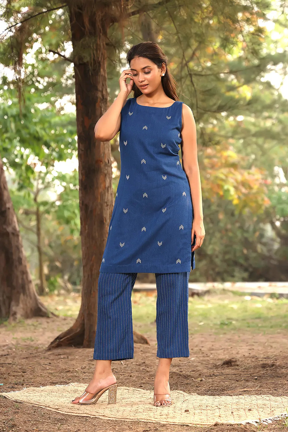 Blue Pure Cotton Kurta with Malai White Pant Set