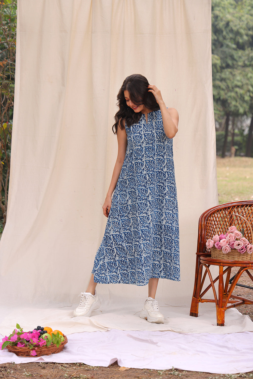 Indigo Leaf Block Print Cotton Dress