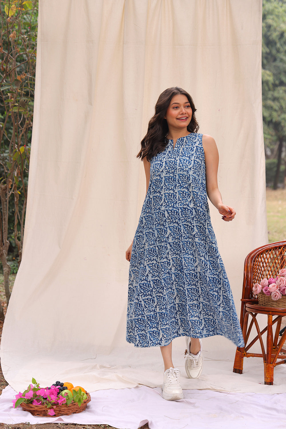 Indigo Leaf Block Print Cotton Dress