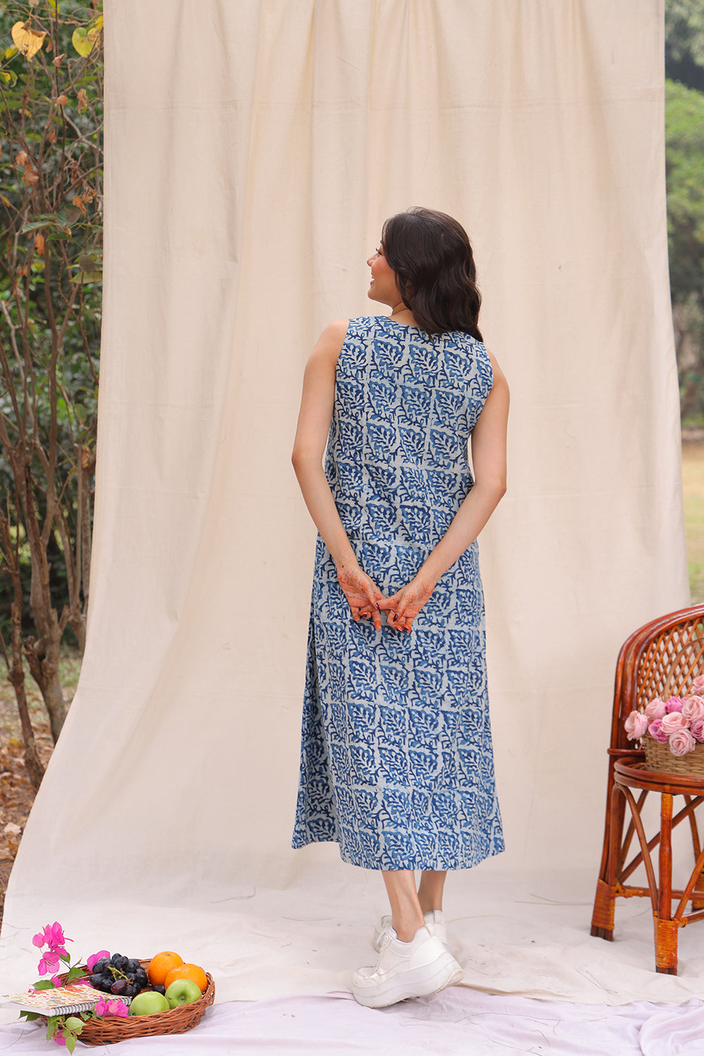 Indigo Leaf Block Print Cotton Dress