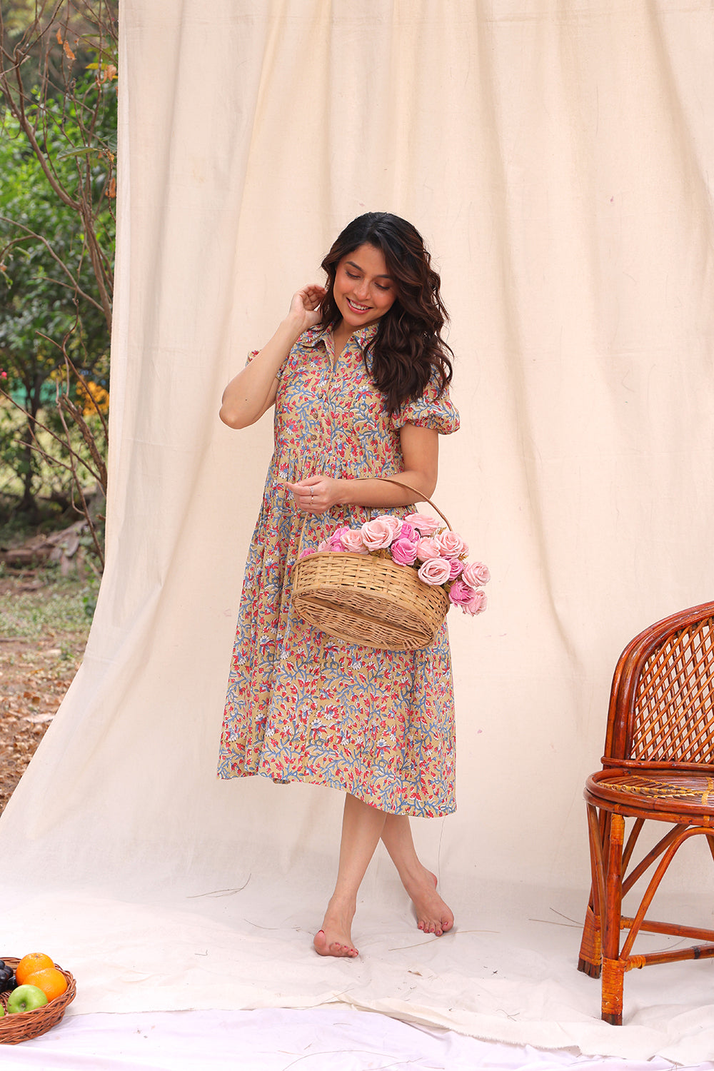 Beige Floral Block Print Cotton Dress