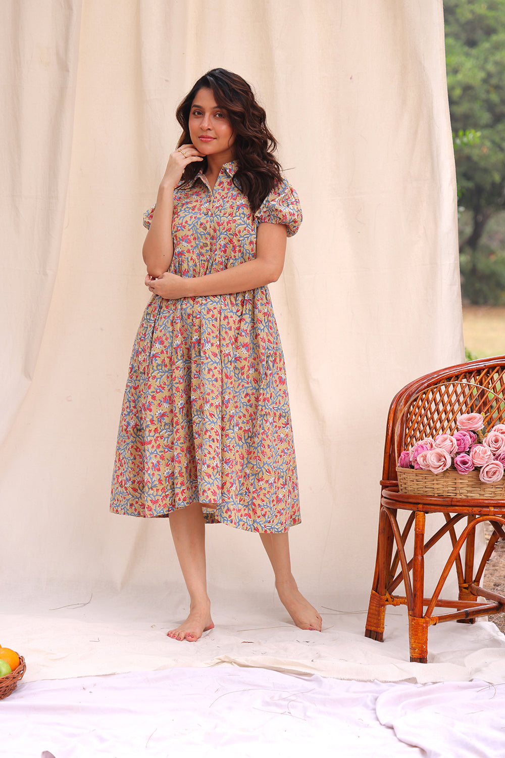 Beige Floral Block Print Cotton Dress